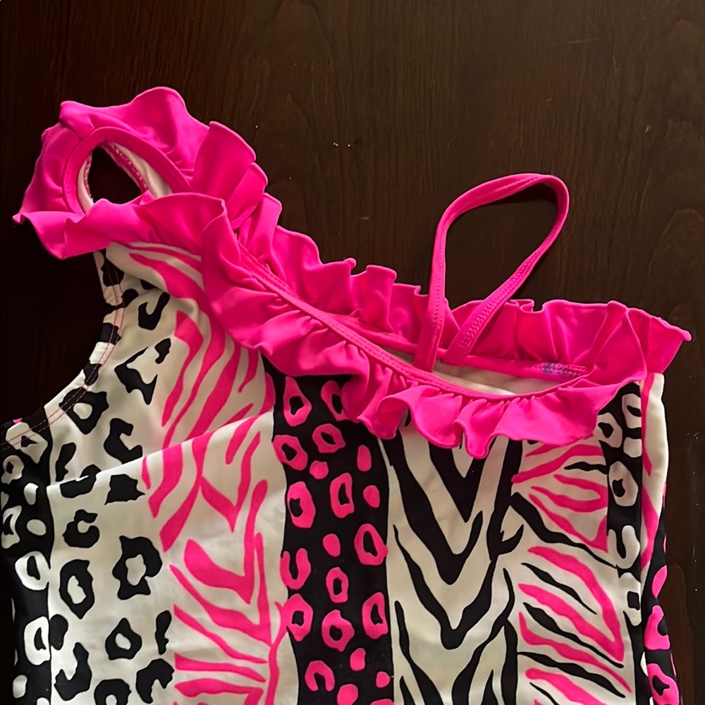 The Children's Place Pink and Black Animal Print One Piece Swimsuit. Size 12. - Picture 3 of 9
